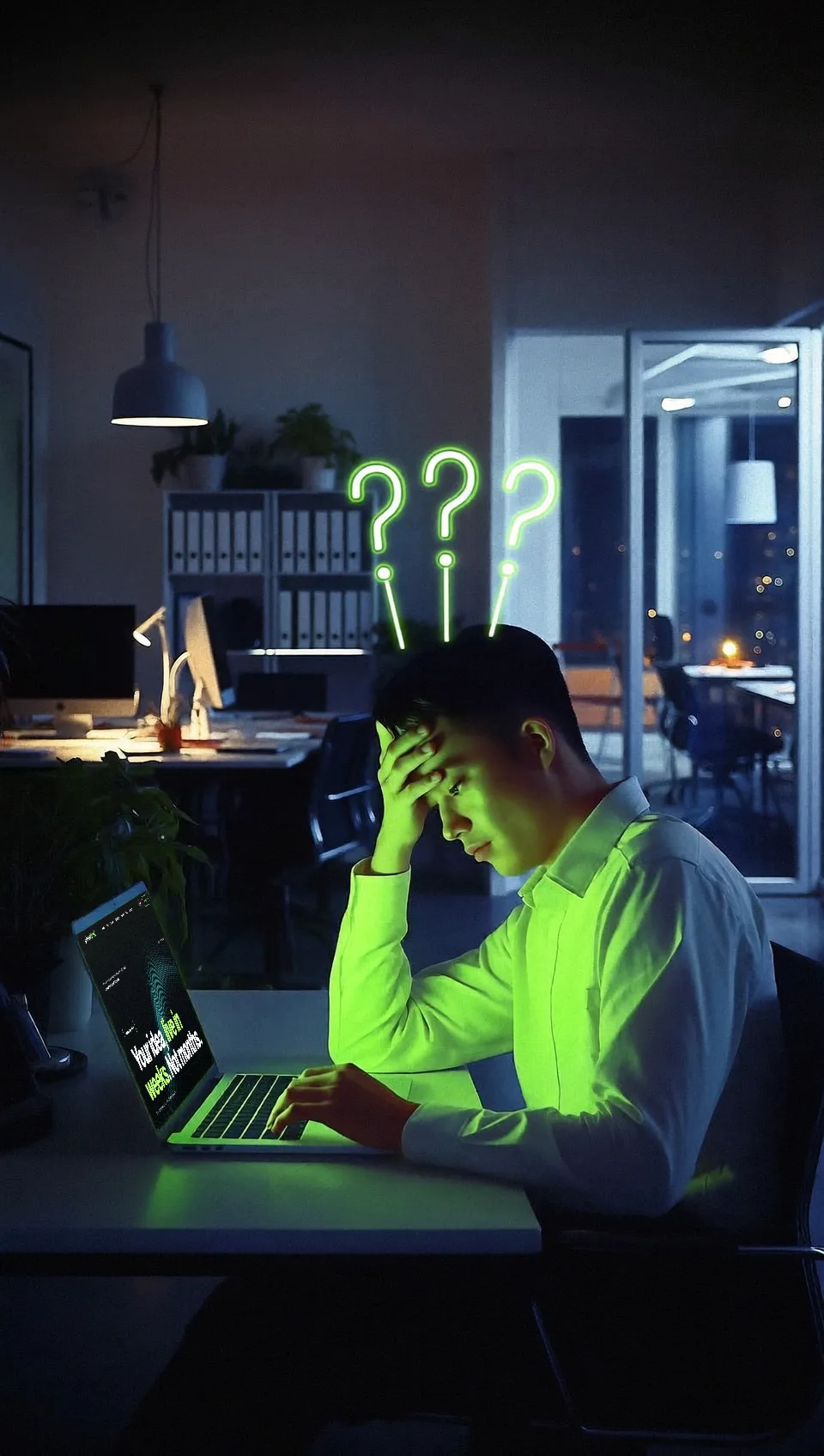 Stressed business owner looking at a laptop with questions about his website