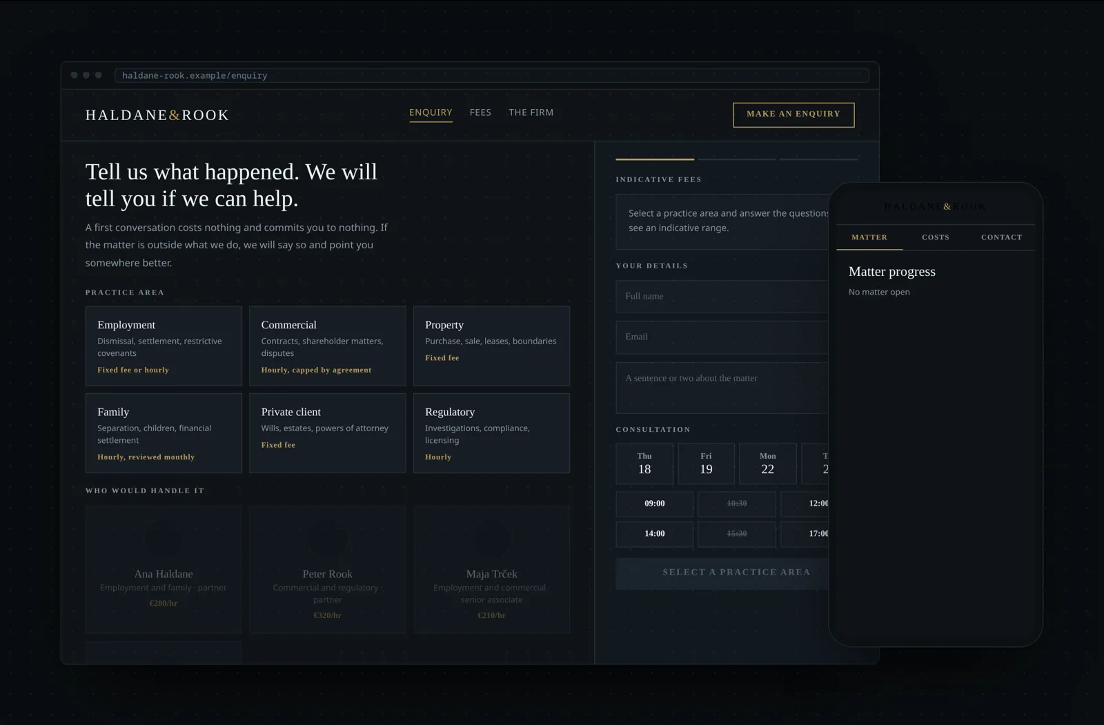 Example law firm website with practice areas and a client matter portal on desktop and mobile