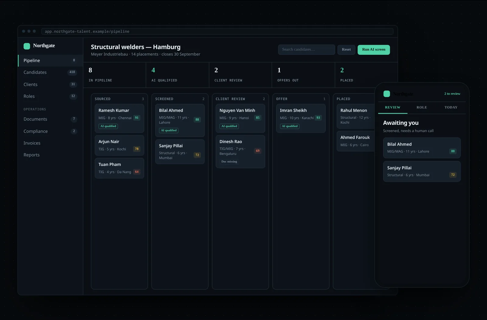 Example recruitment CRM with candidate pipeline and interview scheduling on desktop and mobile