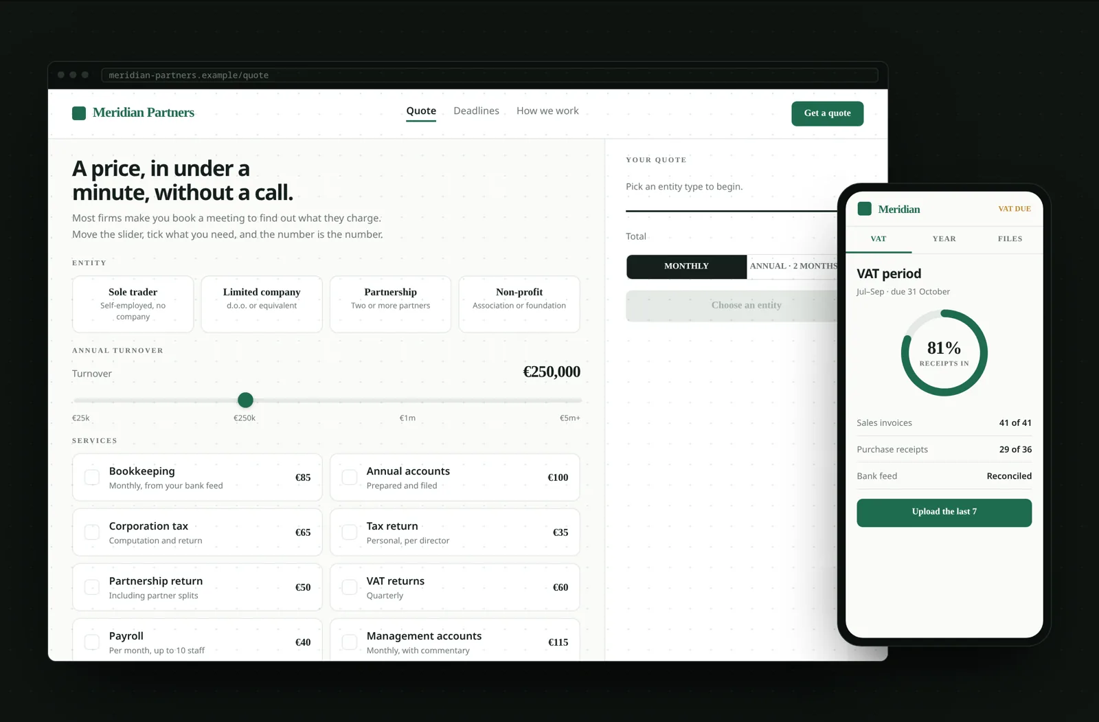 Example accountancy platform with client ledgers, deadlines and document requests on desktop and mobile