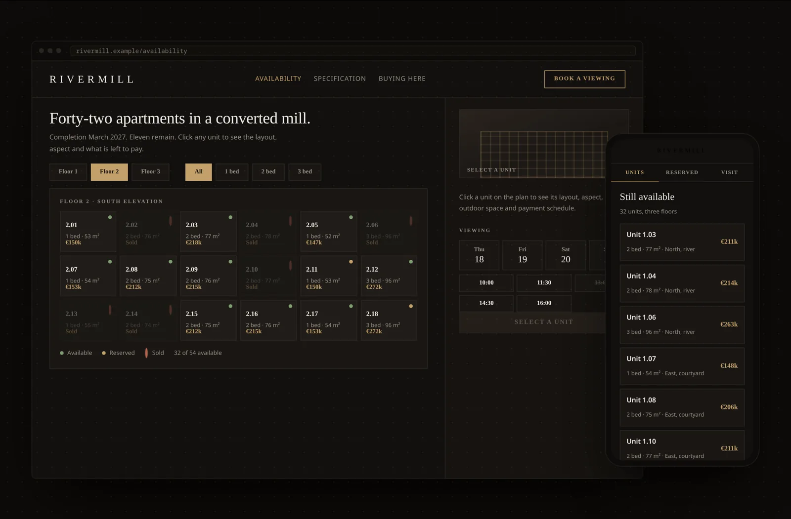 Example property development website with unit availability and reservations on desktop and mobile