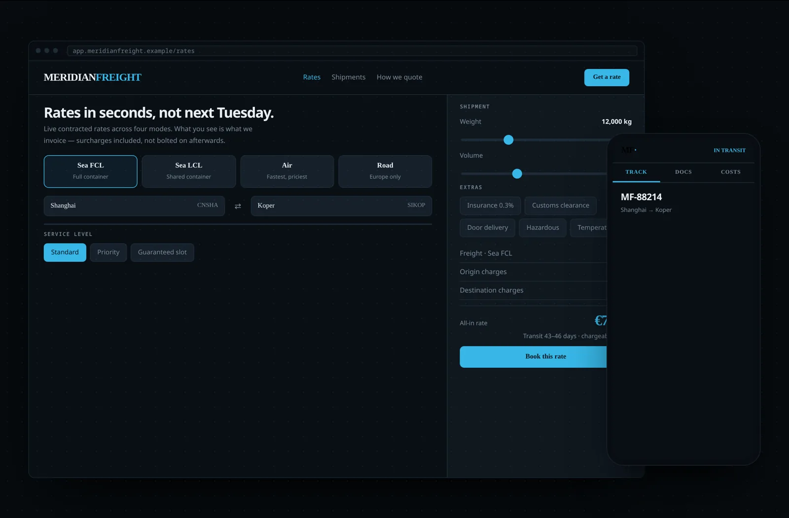 Example freight forwarding platform with shipment tracking and quotes on desktop and mobile