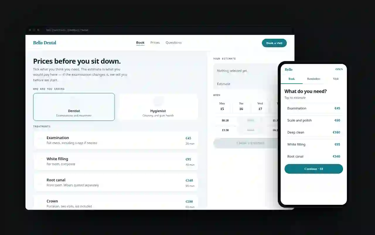 Example dental practice website with treatments, prices and online booking on desktop and mobile