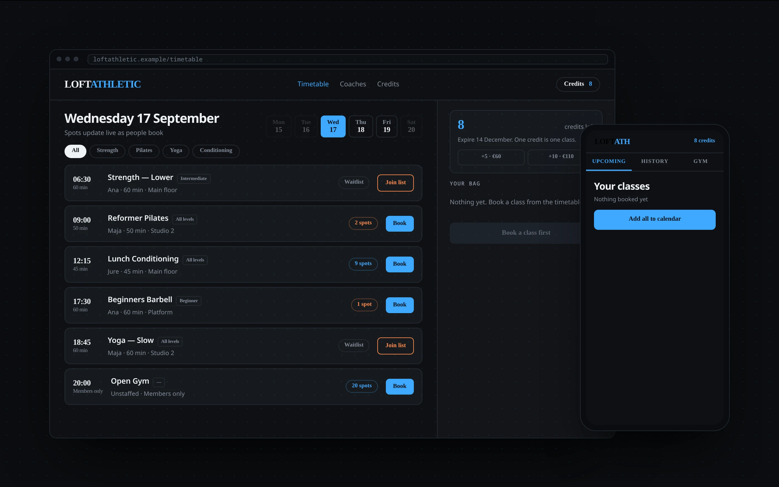Example class studio website with a live timetable and credit-based class booking on desktop and mobile