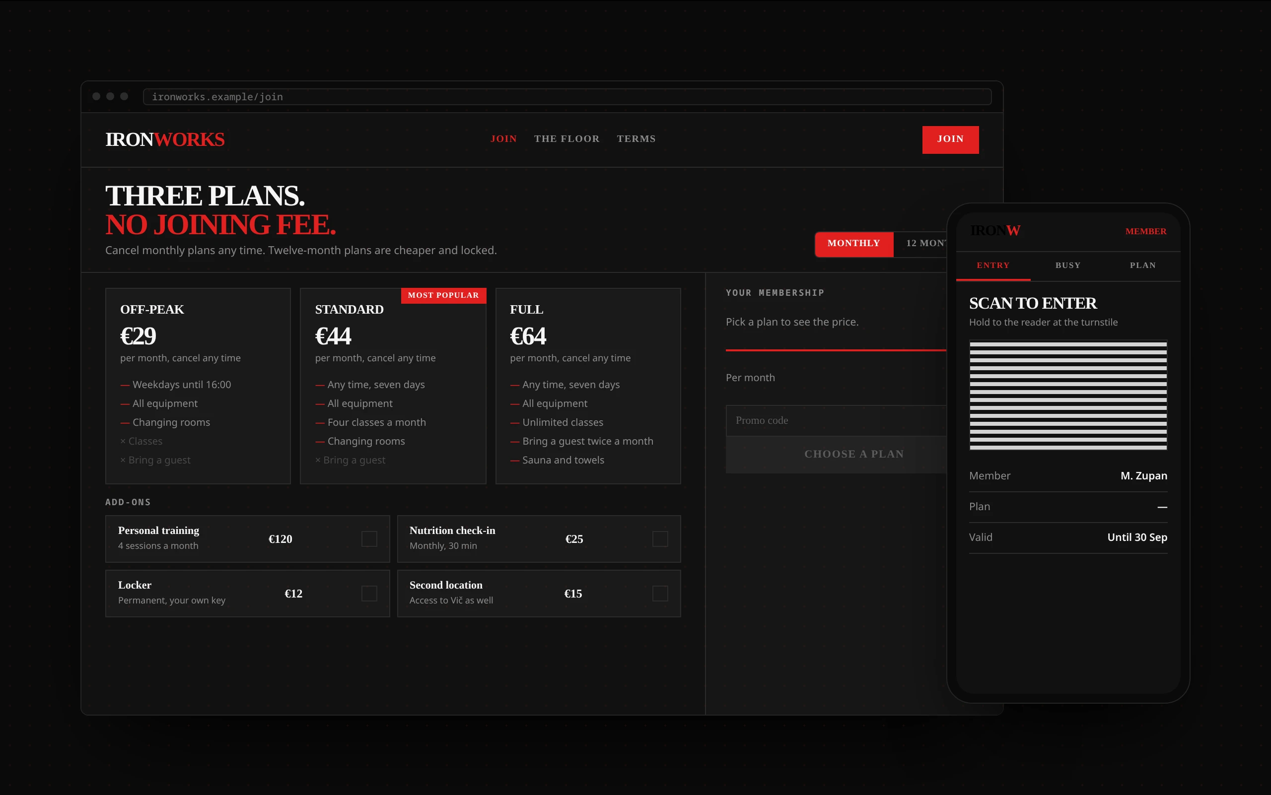 Example membership gym website with membership tiers and an online join flow on desktop and mobile