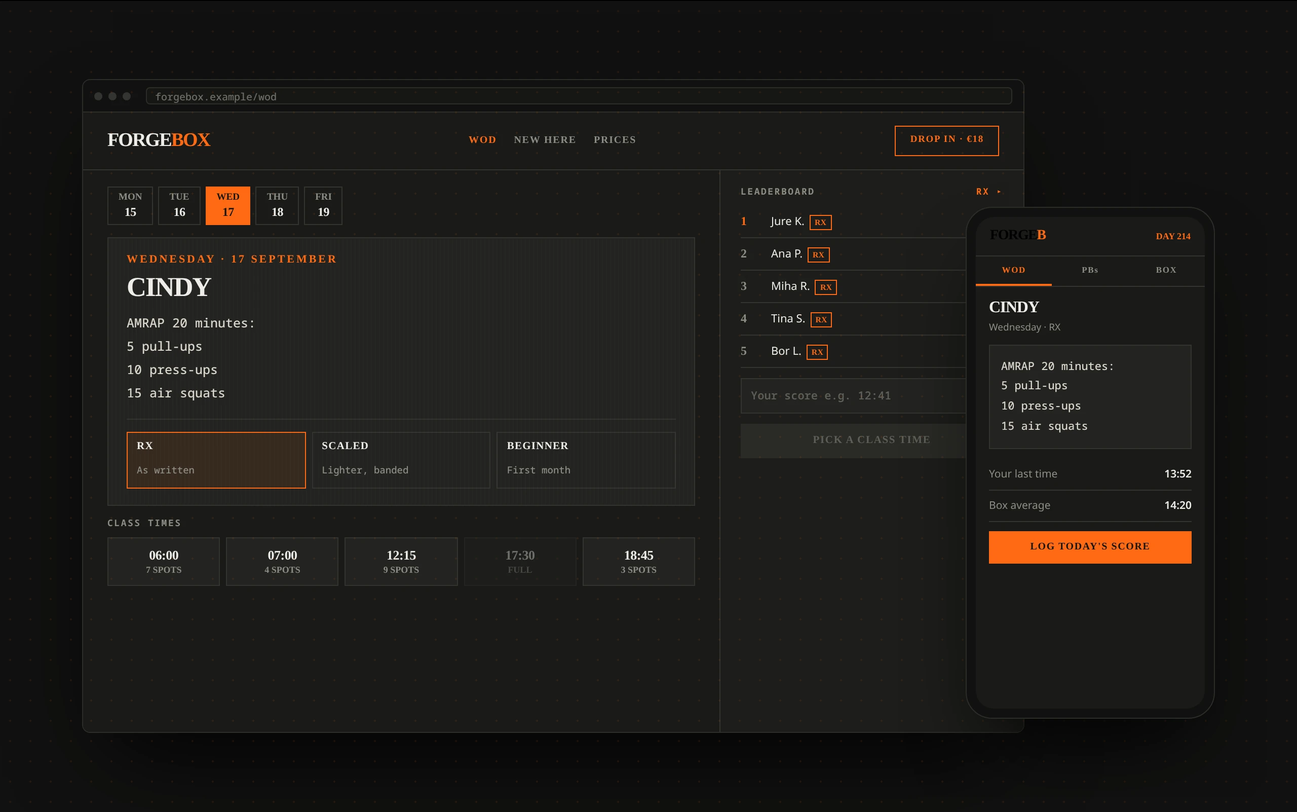 Example CrossFit box website with the daily workout, class times and drop-in booking on desktop and mobile