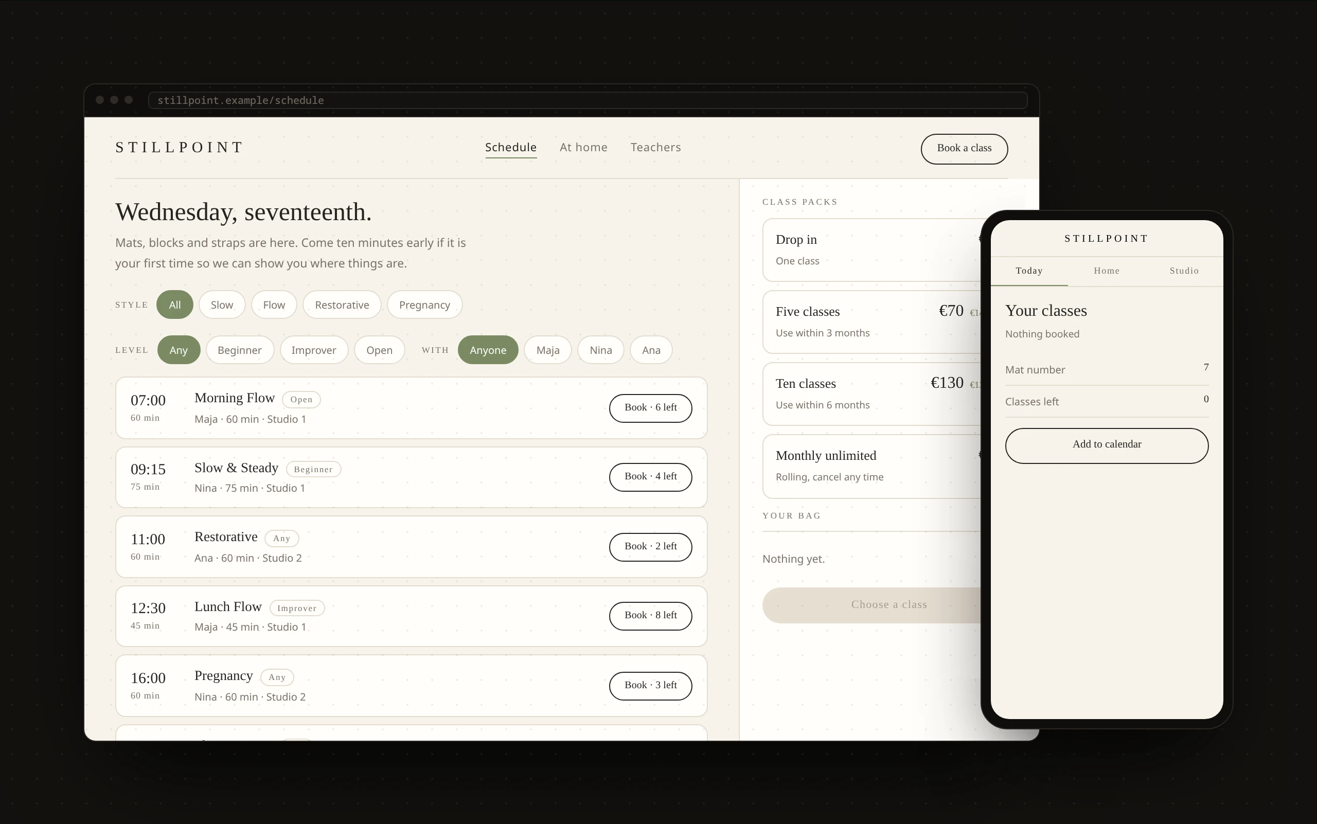 Example yoga studio website with class levels, teacher profiles and booking on desktop and mobile