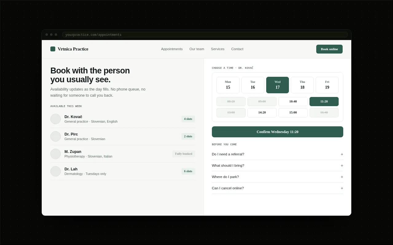 Example clinic site with staff availability, appointment slots and pre-visit questions