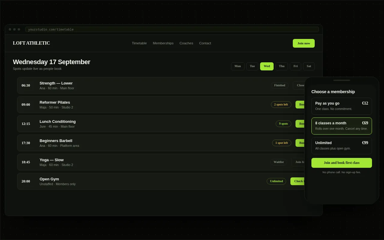 Example gym site with a live class timetable, memberships and online sign-up