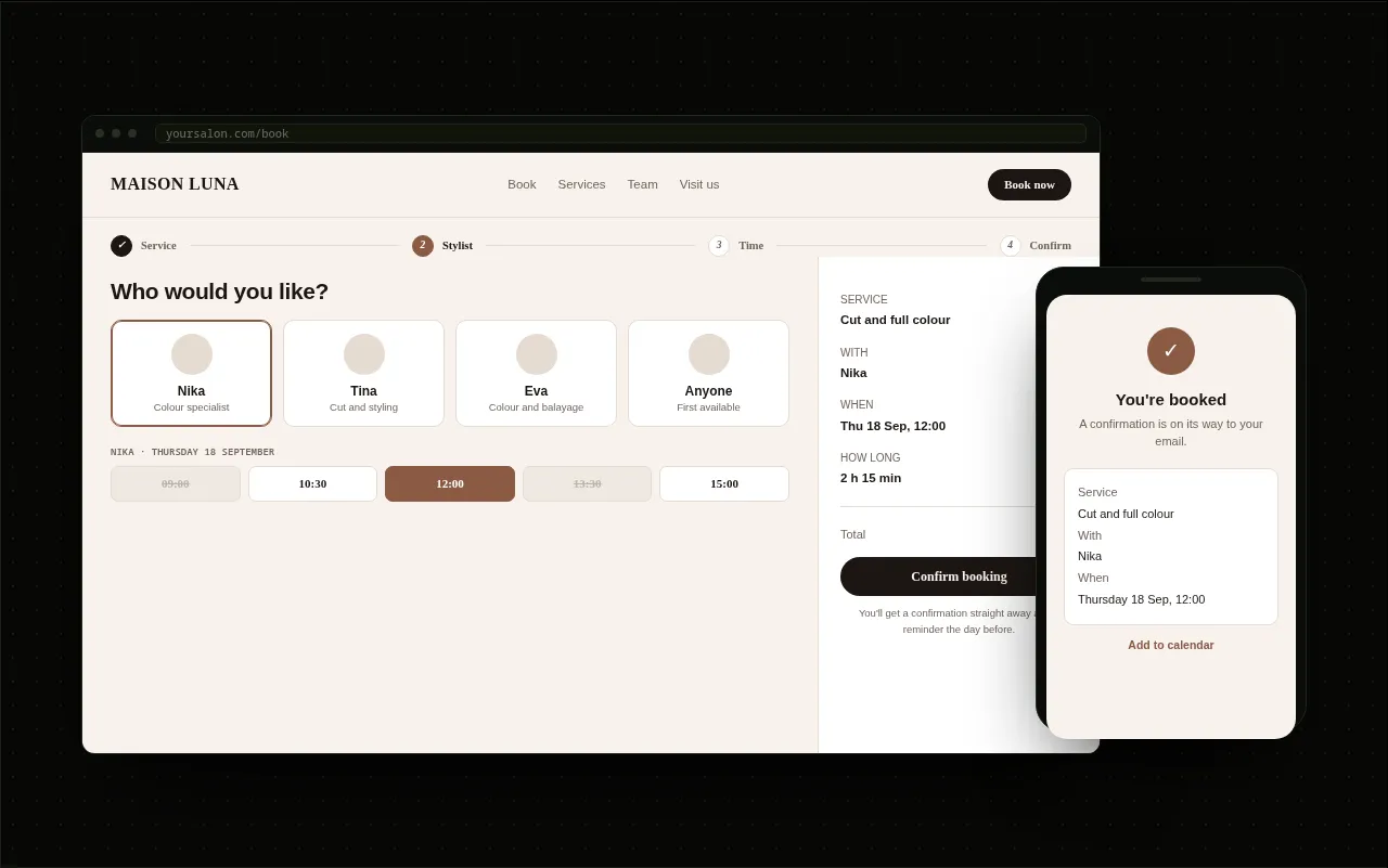 Example salon booking flow: choose a service, a person and a time, then get a confirmation