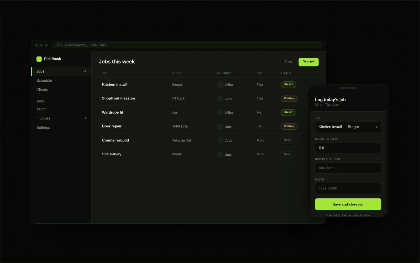 Mockup of a custom web app: a job dashboard with status pills alongside a mobile request form
