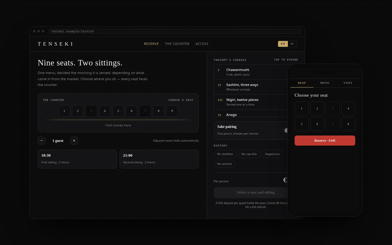 Example omakase restaurant website with fixed seatings and a booking flow on desktop and mobile