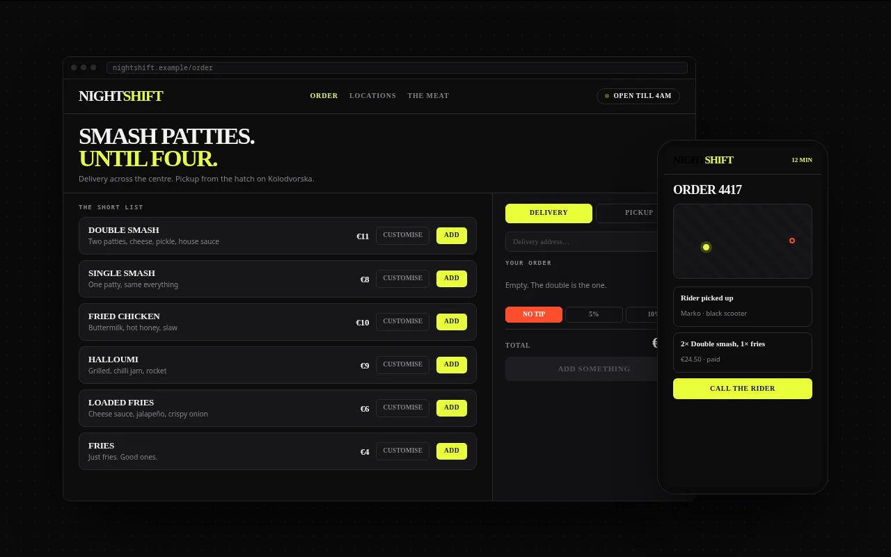 Example late-night burger delivery website with ordering, add-ons and an open status indicator