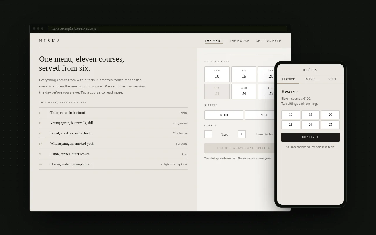 Example tasting-menu restaurant website with courses, pairings and a deposit booking step