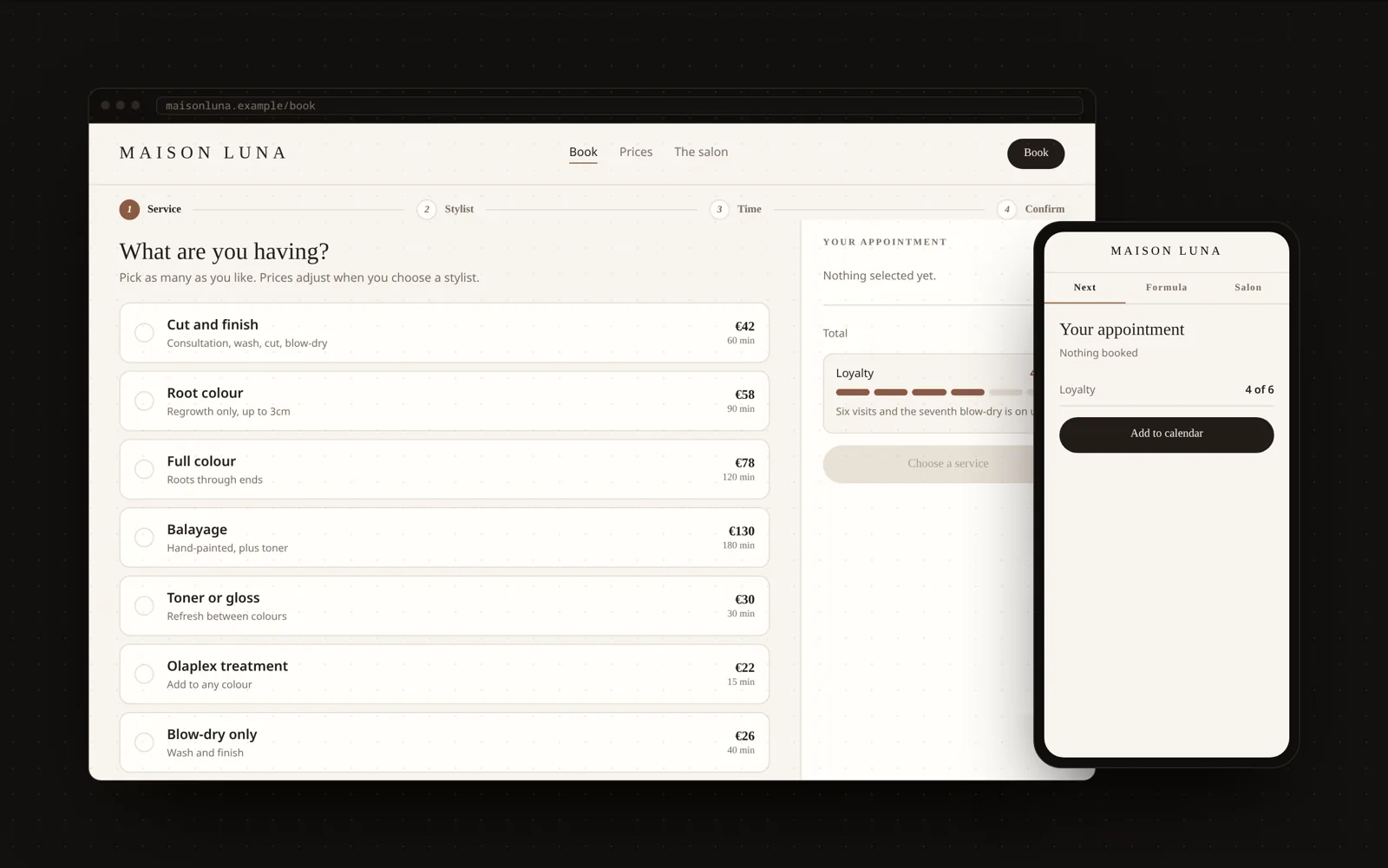 Example hair salon website with a step-by-step booking flow on desktop and mobile