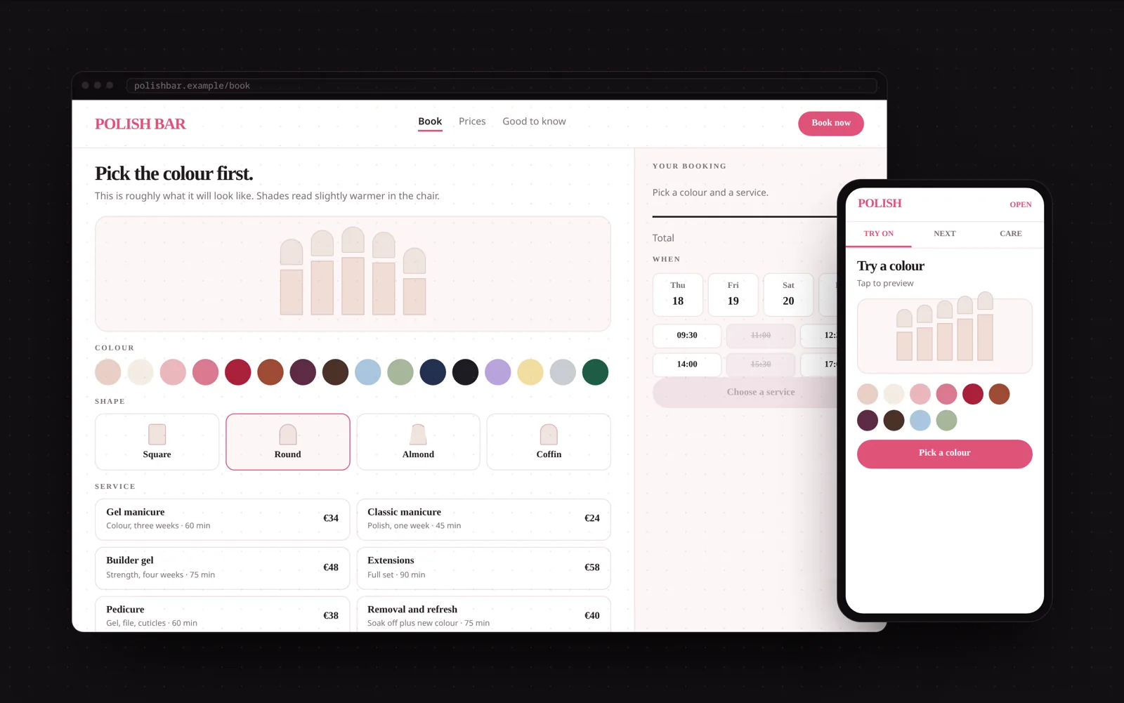 Example nail bar website with a service menu, add-ons and booking summary on desktop and mobile
