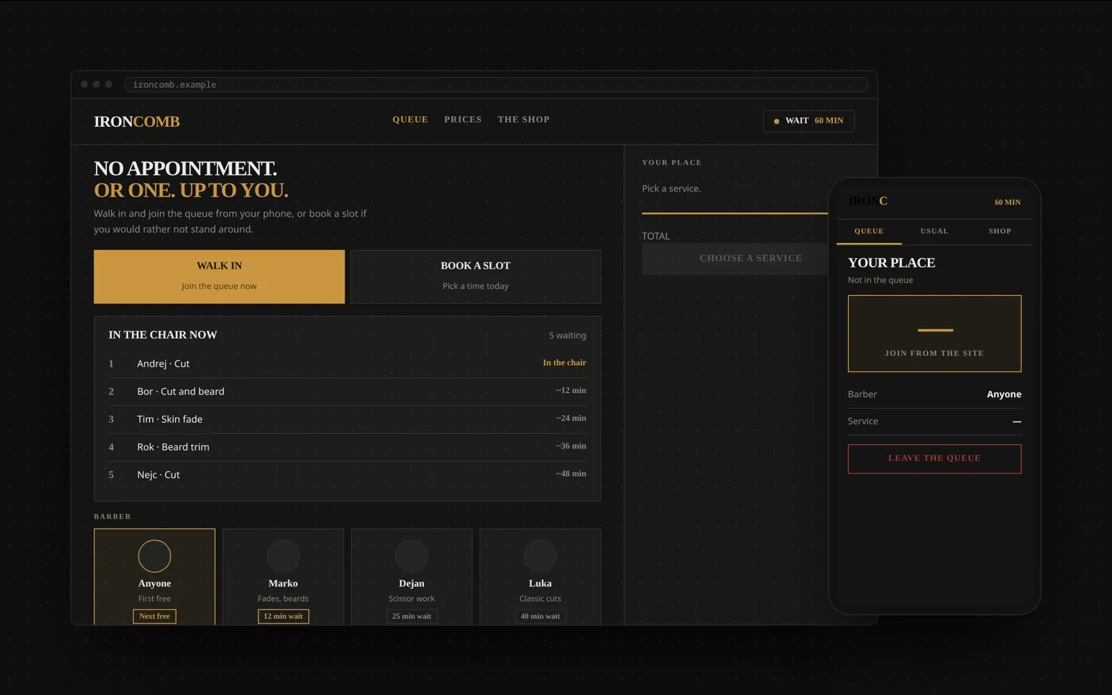 Example barbershop website with barber selection and walk-in status on desktop and mobile