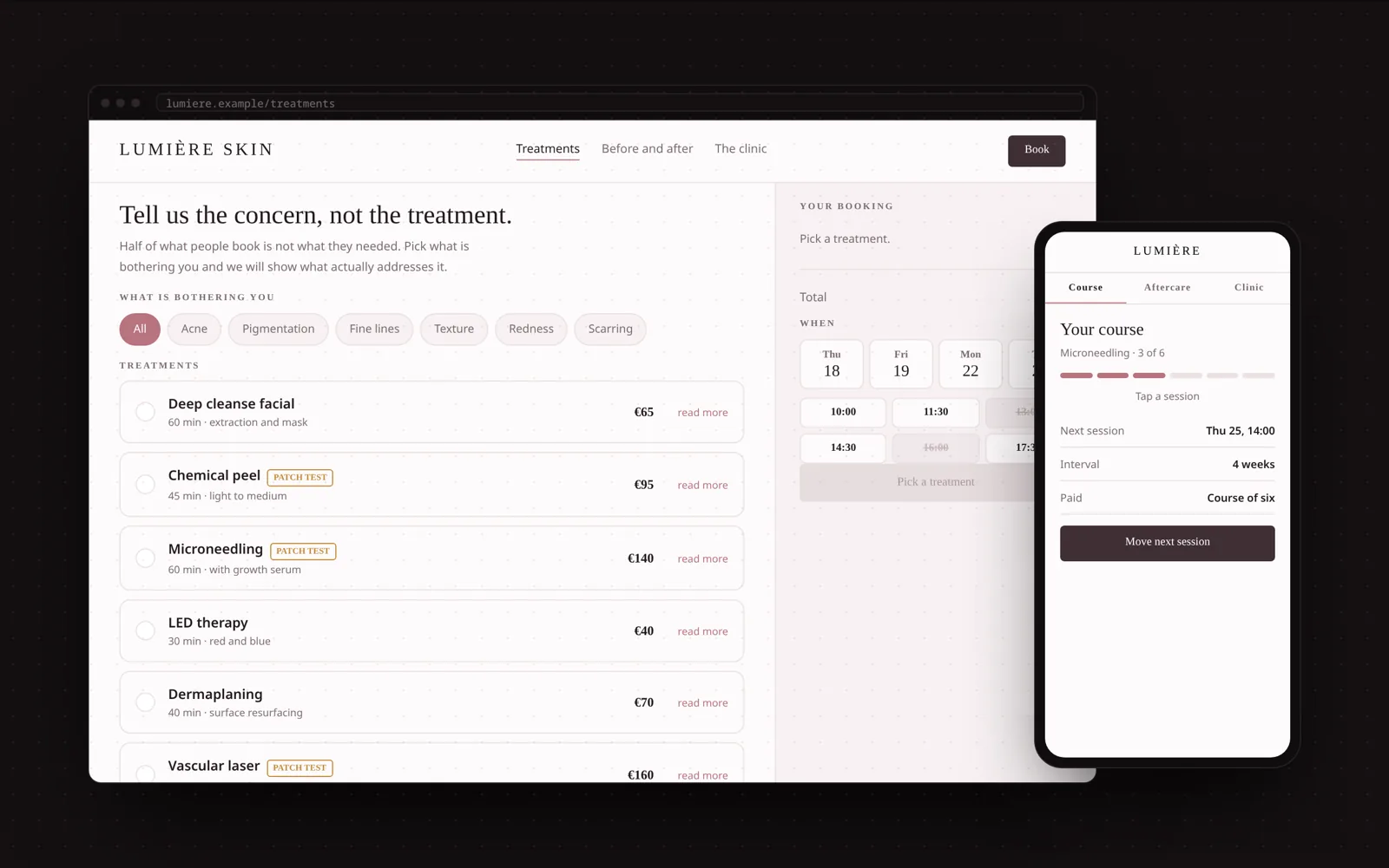 Example skin clinic website with treatments, consultation and booking on desktop and mobile