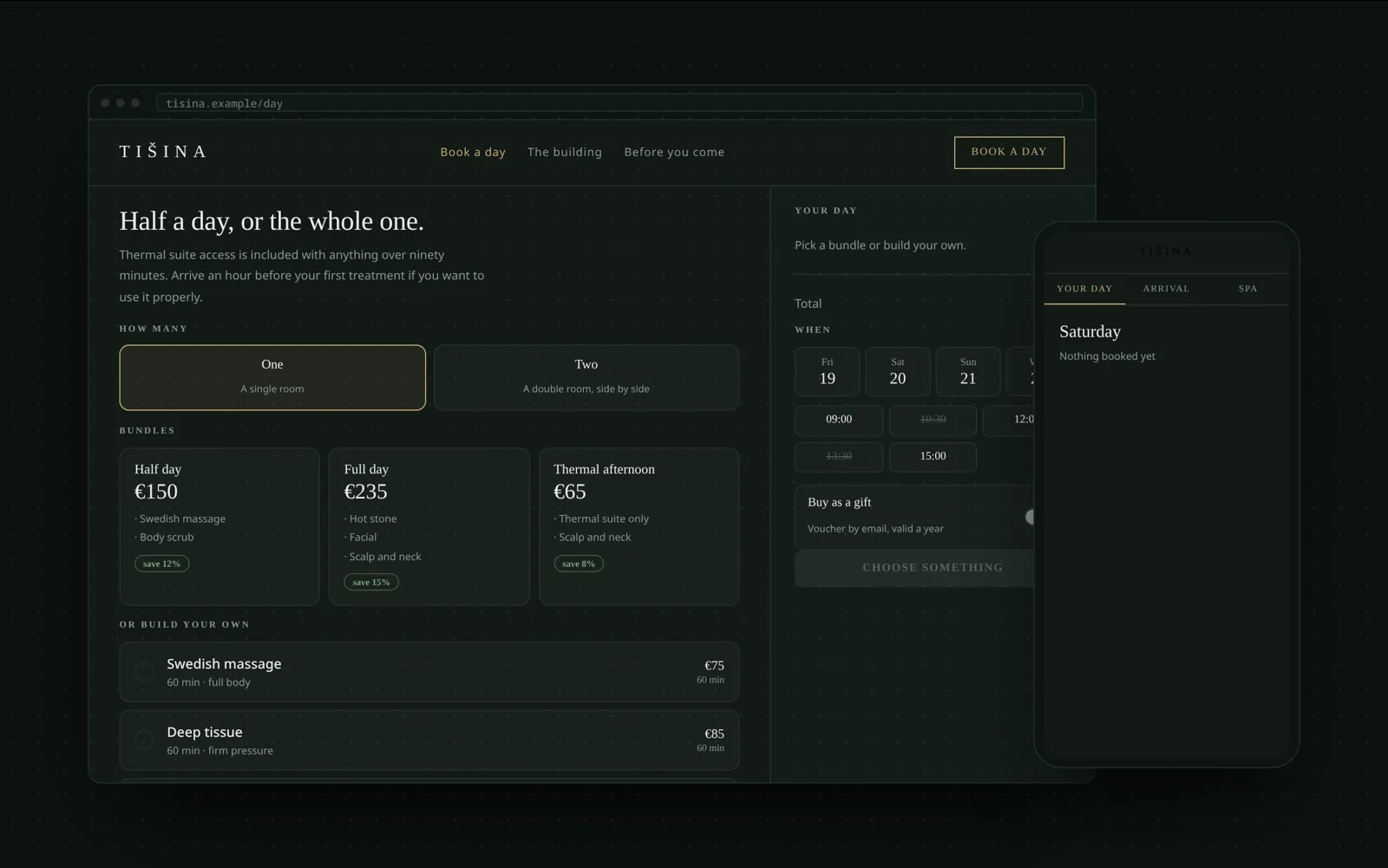 Example day spa website with packages, durations and vouchers on desktop and mobile
